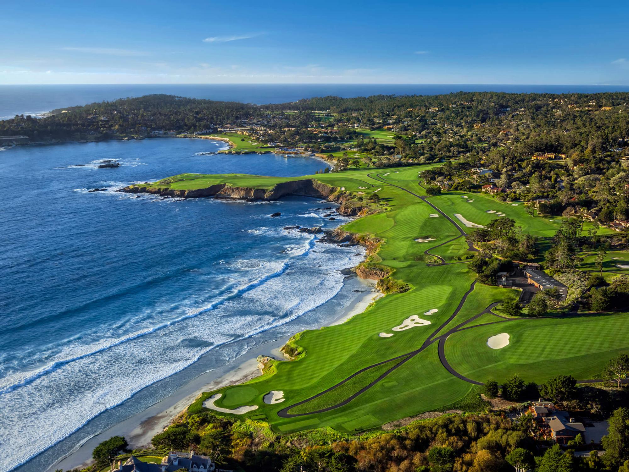 View Pebble Beach Golf Links's picturesque golf course in dramatic California.