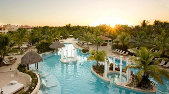 View Melia Caribe Tropical Golf  Beach Resort's lovely main pool within dramatic Dominican Republic.